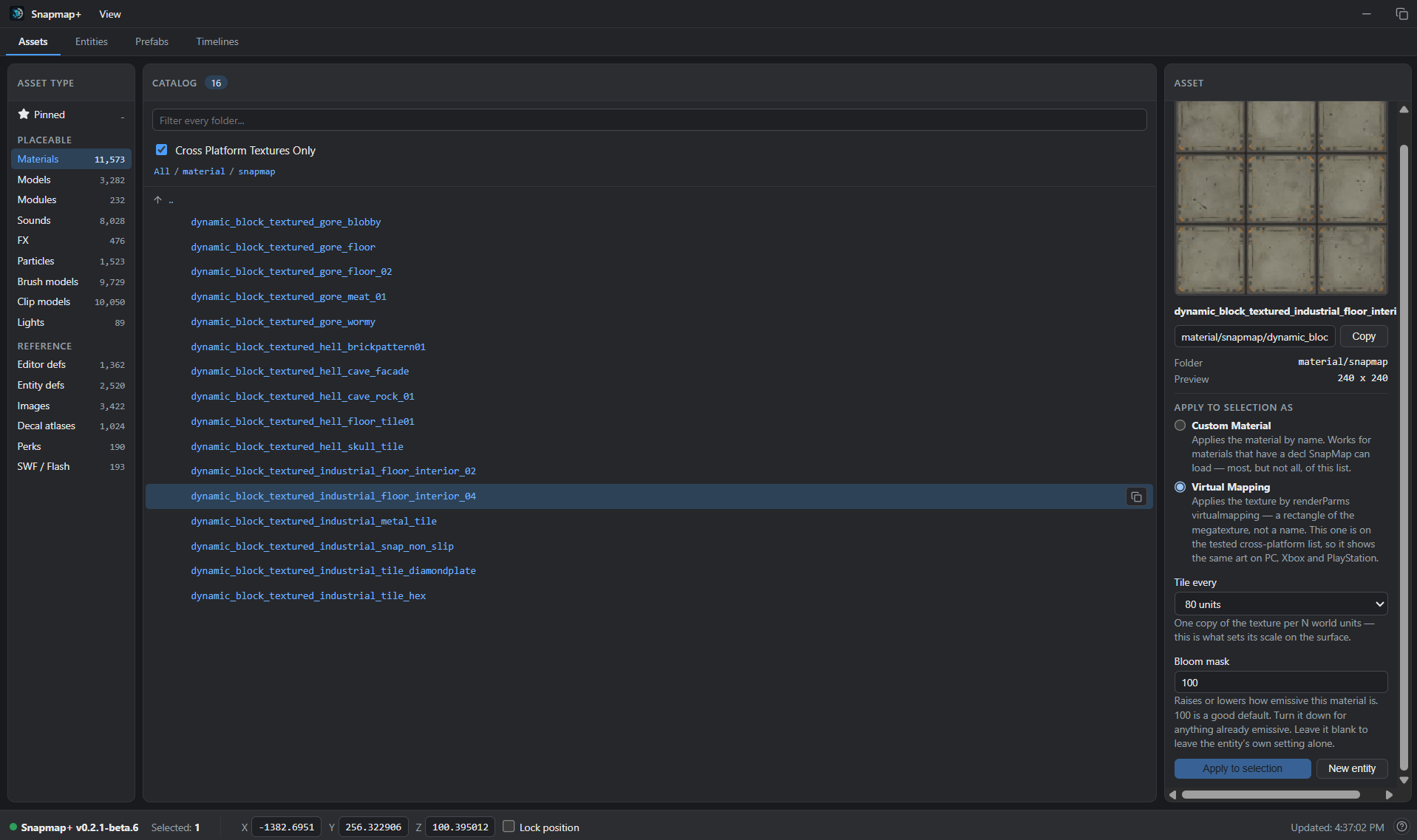 Assets tab: type rail on the left, catalog in the middle, preview and apply panel on the right