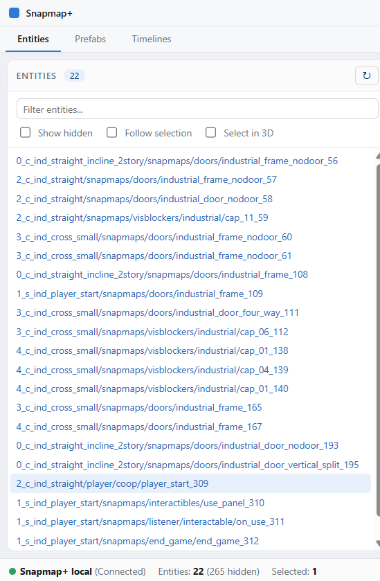Entities tab: list populated, one row selected