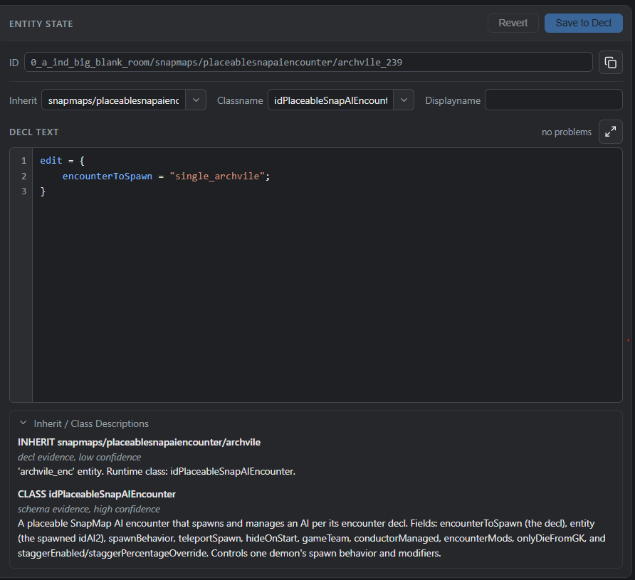 The Entity State panel showing class, inherit, and display name fields
