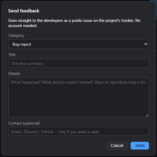 The Send Feedback dialog: category, title, details, and an optional contact field