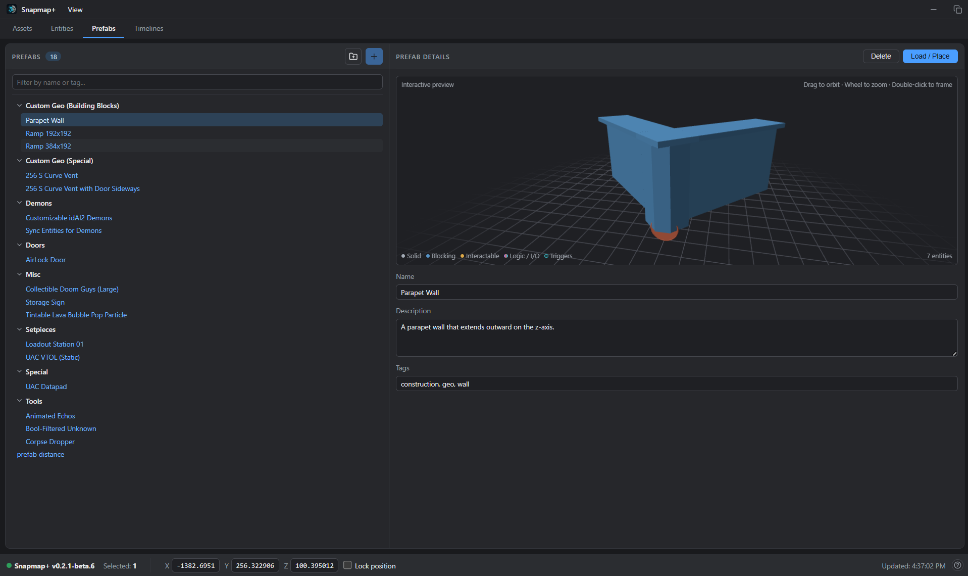 The Prefabs tab with saved entity groups organized in folders
