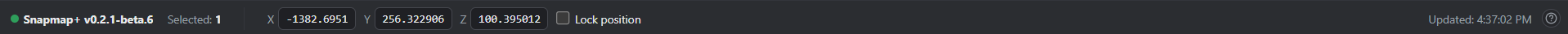 Status bar: connection dot and version, Selected count, X/Y/Z camera fields, Lock position, Updated stamp, help icon