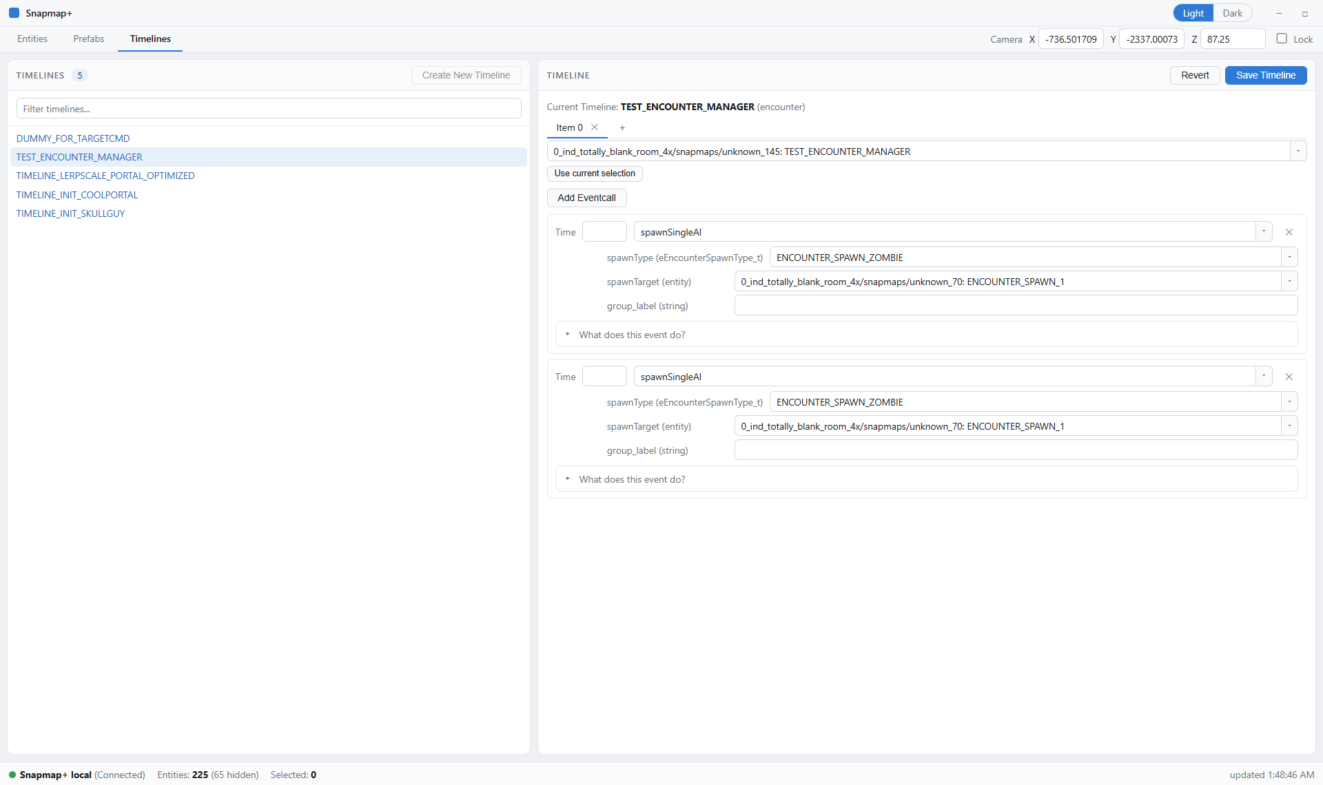 The Timelines tab editing entity events and eventcalls