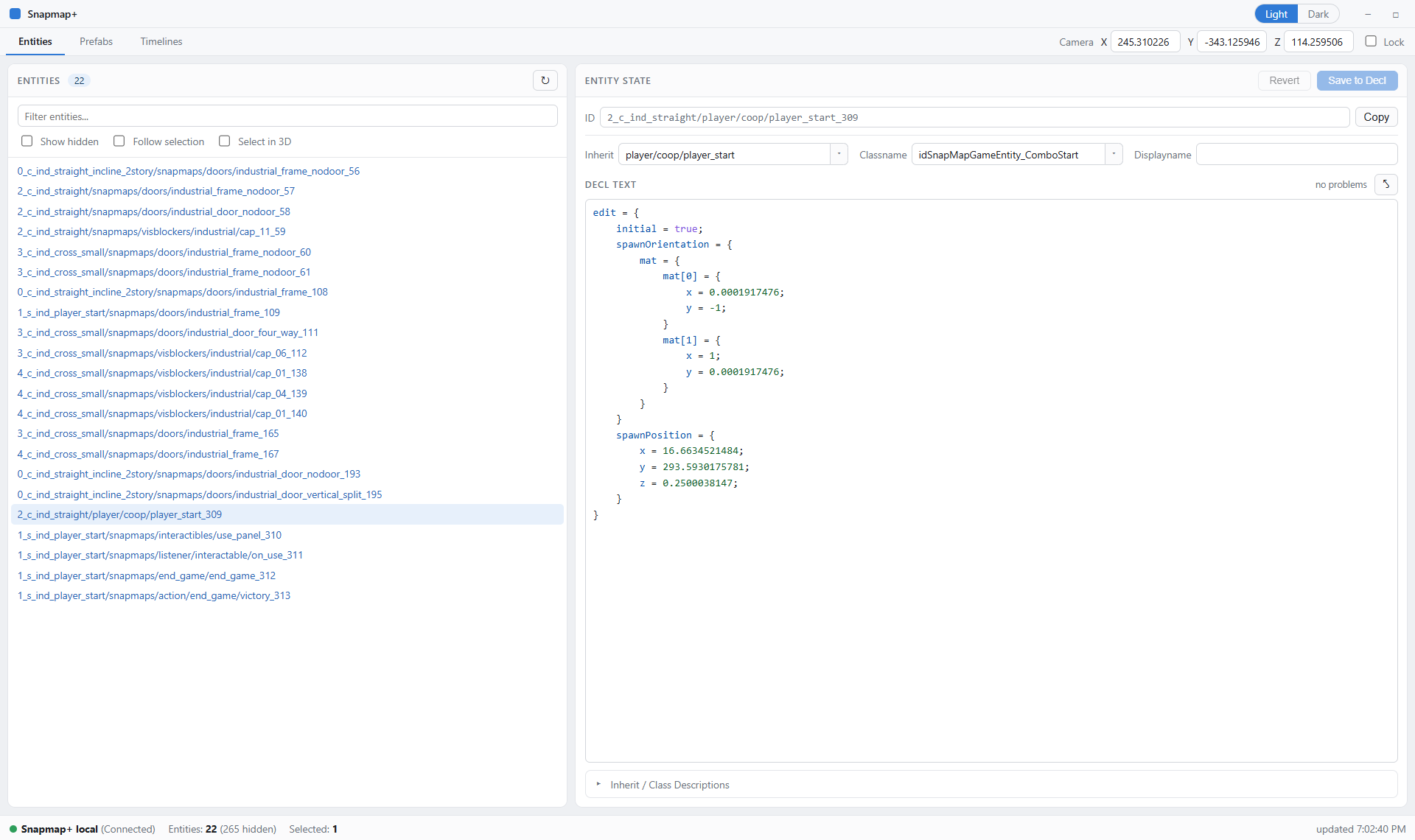 The Snapmap+ window: the map's full entity list beside a syntax-colored property editor